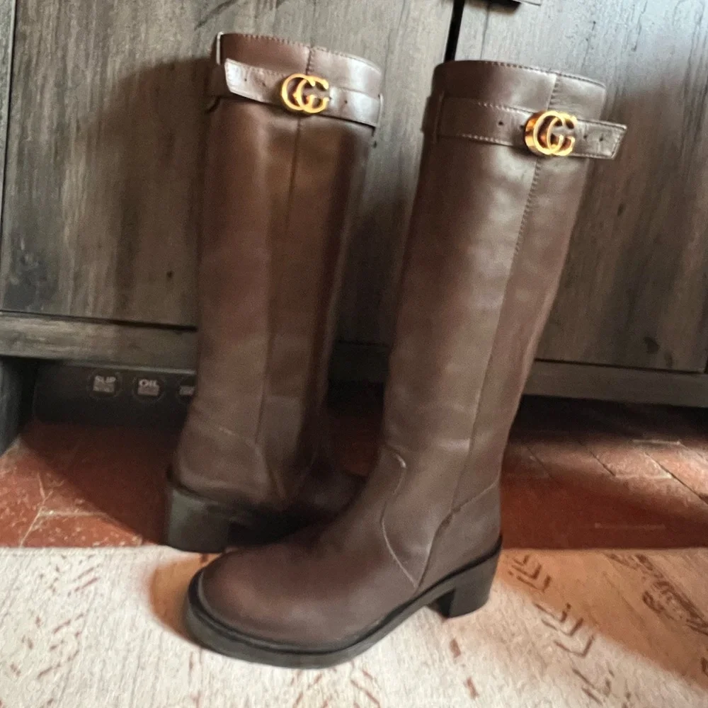 Gucci Brown Leather Knee-High Riding Boots with Gold GG Accent